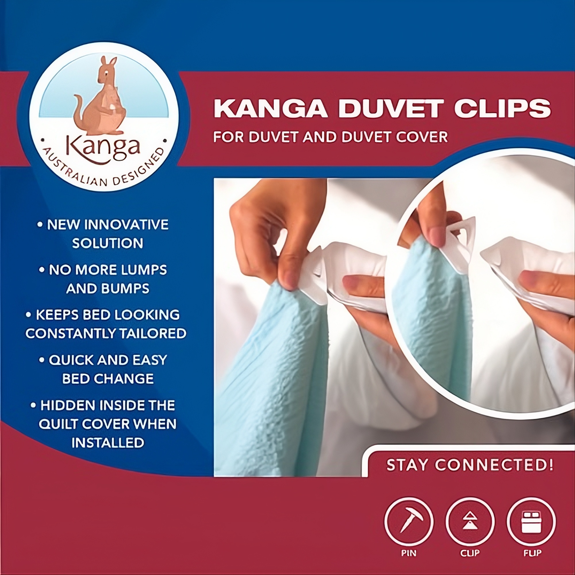 Kanga Duvet Clips - Complete set of white clips in retail box packaging.